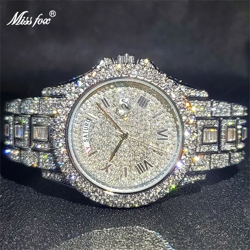 Montres-bracelets Relogio Masculino Luxe MISSFOX Ice Out Diamond Montre Multifonction Jour Date Ajuster Calendrier Montres À Quartz Pour Hommes Dro 221018