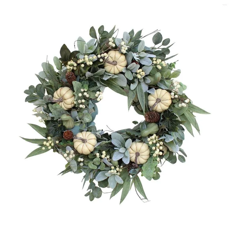 Decorative Flowers 16" Autumn Pumpkin Wreath Hanging With Green Leaves For Wall Home Decoration