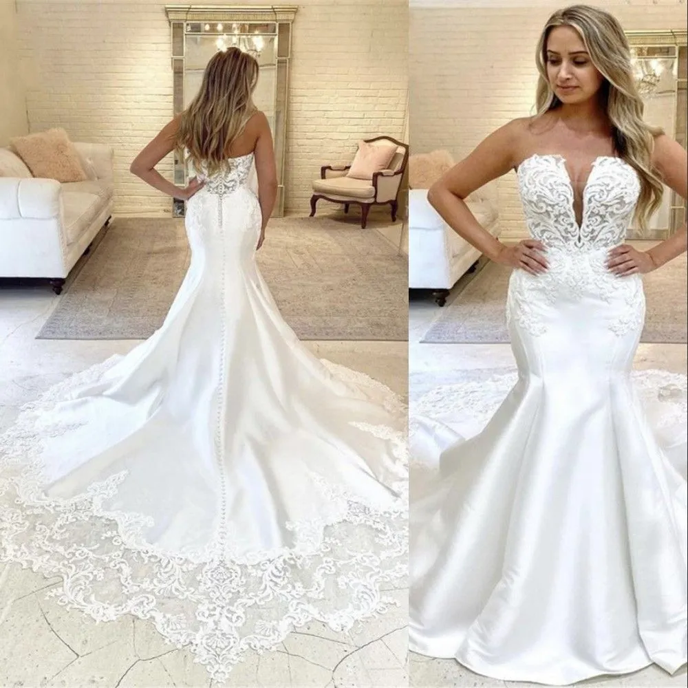 Vestidos de novia de sirena vestidos de novia sin tirantes en v cuello aplicado de encaje de satén trenes de barrido hecho a personalización