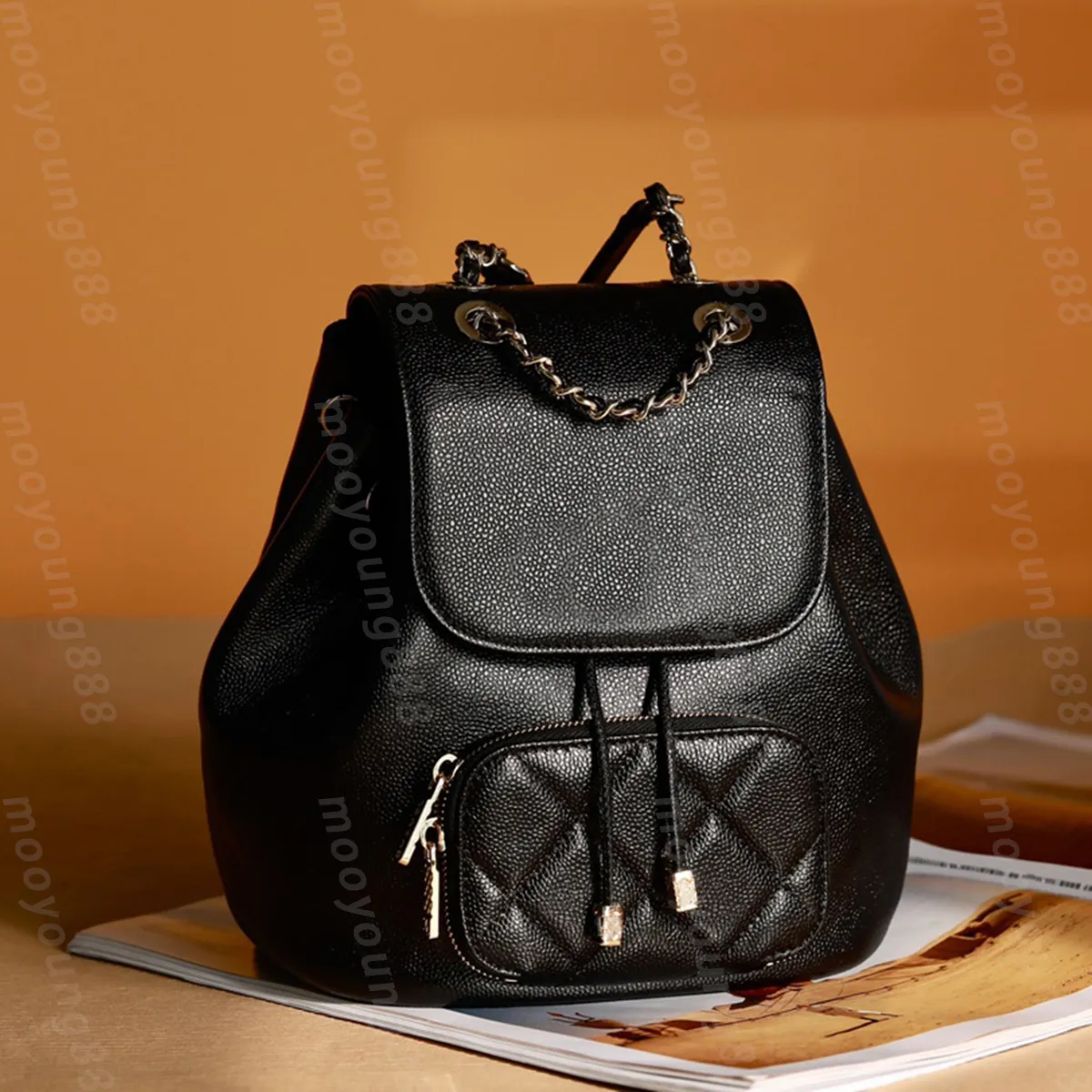 Top Tier Miroir Qualité Desiner Femmes Petit Sac À Dos Noir Caviar Matelassé Rabat Bas Classique Double Sangle Chaîne Épaule Or Boîte Ba Véritable Pochette En Cuir