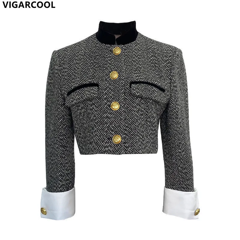 Vestes pour femmes Retro Fashion Jacket Printemps conception de vêtements sens col montant équestre français tweed manteau court femmes 221018