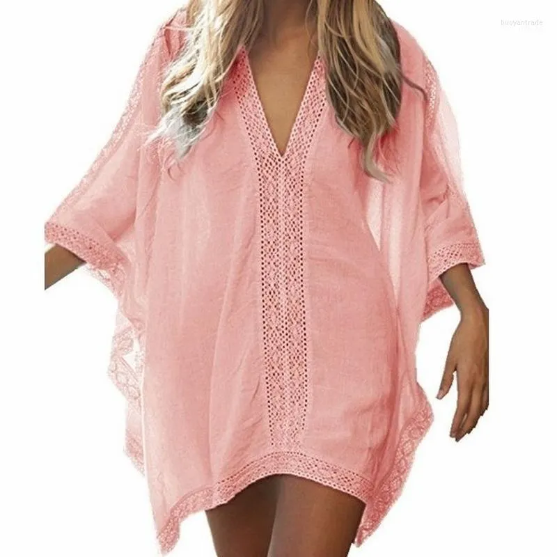 Women's Swimwear Women's BEAUTANA Swimsuit Cover Up 2022 Summer Solid V Neck Batwing Sleeve Lace Bohemian Pareo Sexy See Through