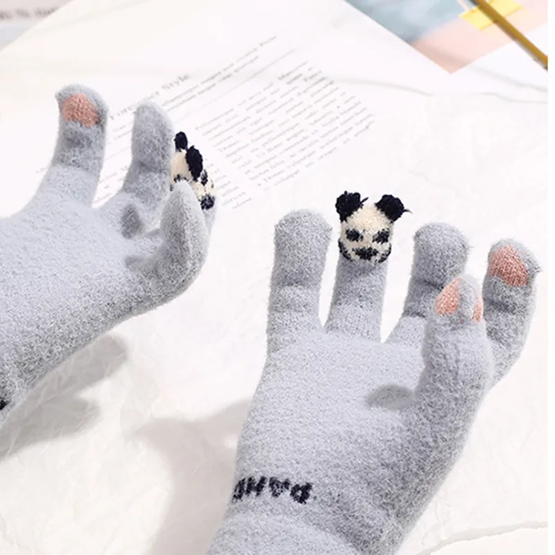 Women Winter Textile Touch Screen Thicken Warm Knitted Gloves Panda Stretch Glove Imitation Wool Full Finger Outdoor Skiing Cycling zxf18