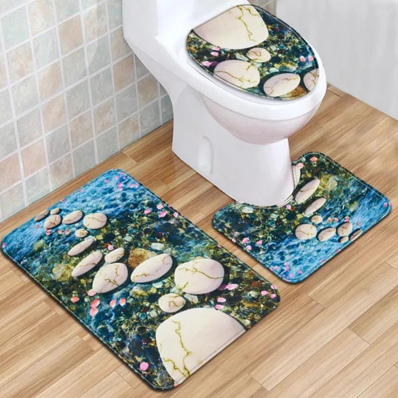 Toilet Seat Covers 3-piece Lid Cover Bathroom Anti-slip Mat Water-absorbing Door Home Decoration Carpet 3D Stone Printing Flannel