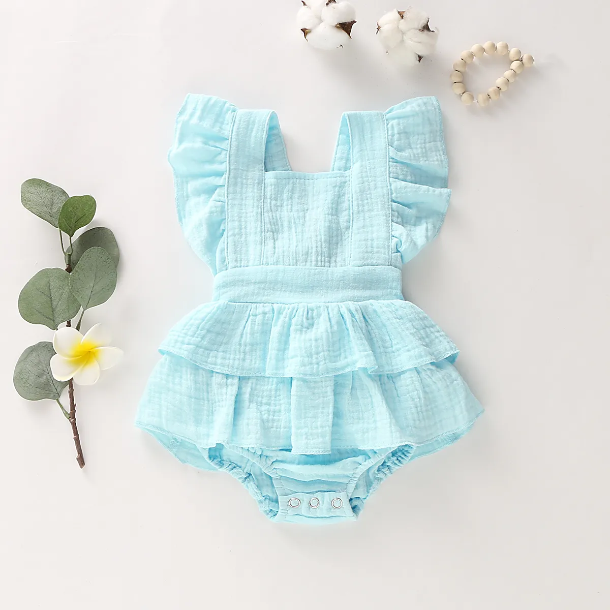 Strampler für 0–24 Monate geborene Babys mit Rüschen, rückenfrei, einfarbig, ärmellos, Overall-Outfit, Sunsuit, süße Sommerkleidung 221018