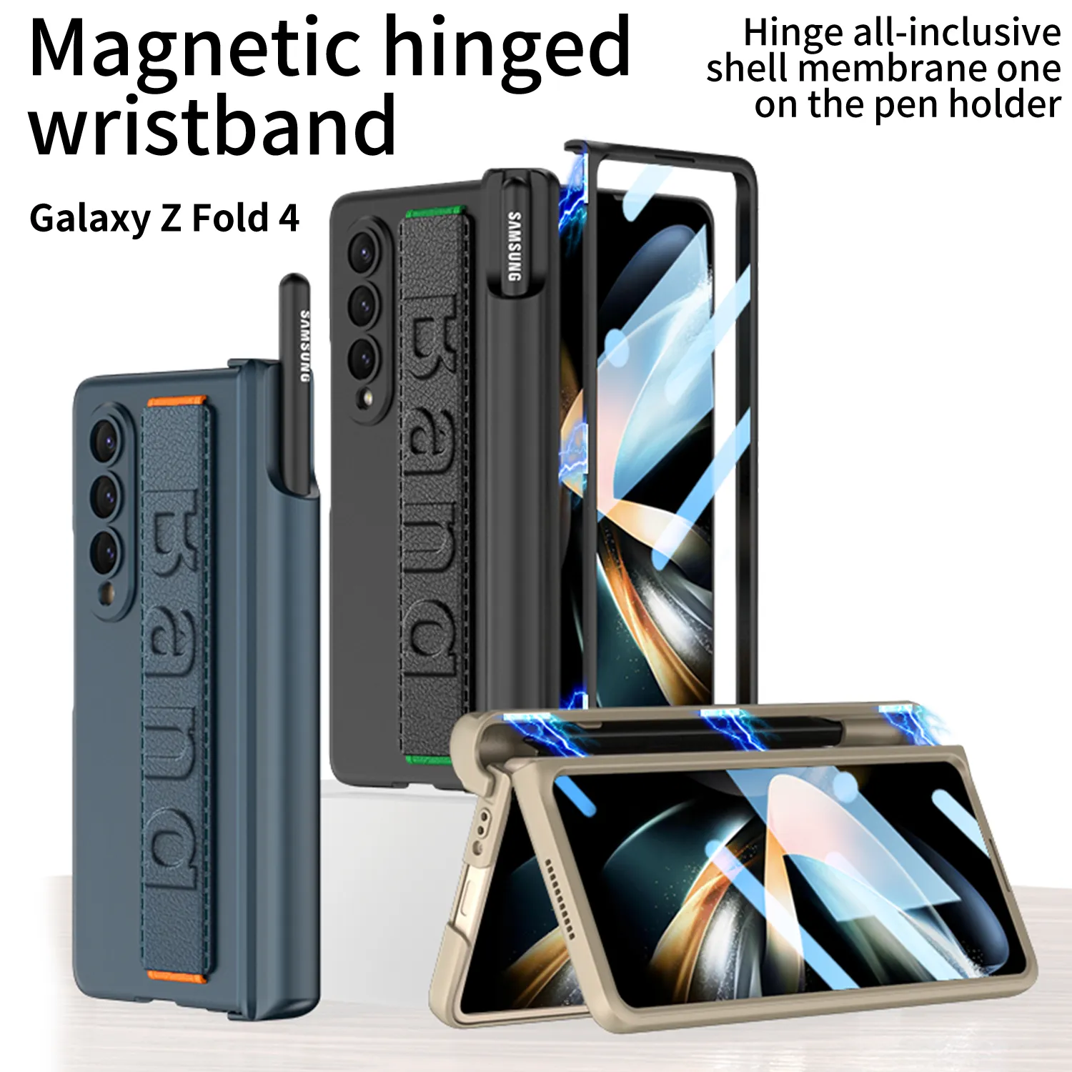 حالات مفصلي شريط الرسغ لـ Samsung Galaxy Z Fold 4 Case Glass Screen Screen Protector Cover Magnetic Pen Cover