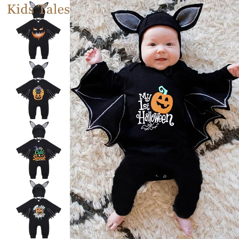 Barboteuses 2 pièces bébé bébé filles garçon Halloween barboteuse né combishort manches chauve-souris combinaison chapeau enfant en bas âge citrouille sorcière imprimer Cosplay tenues 221018