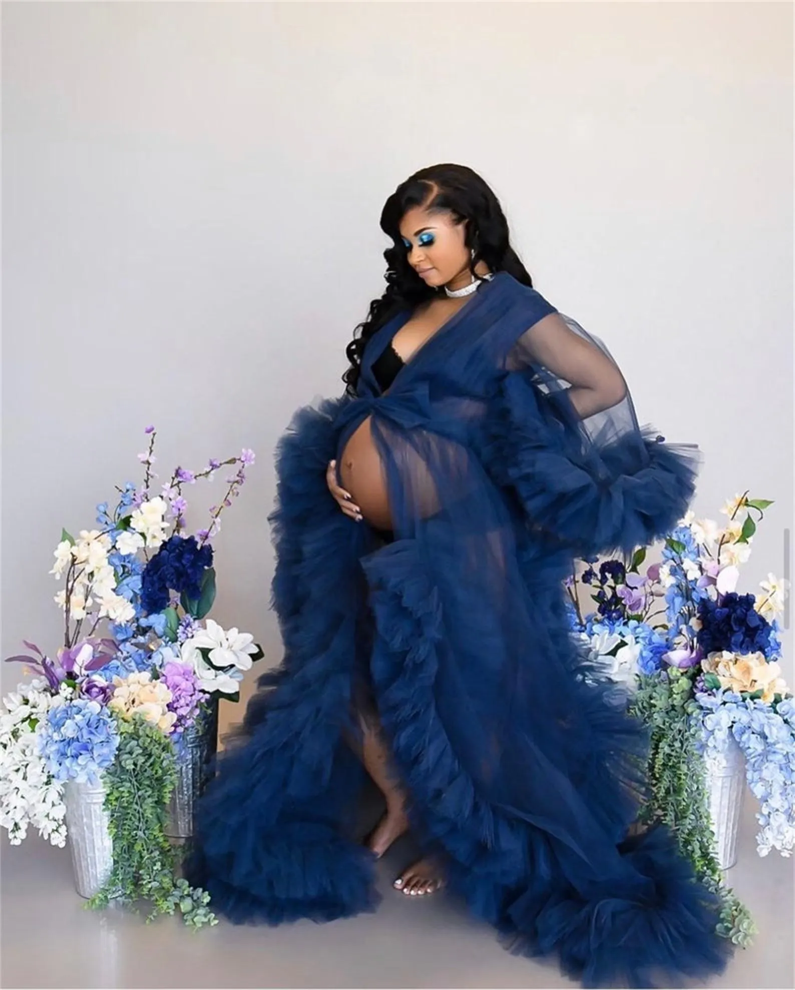 2023 Ruffles Royal Blue Evening Dresses Tulle Kimono Women Robe For Photoshoot Puffy Sleeves Prom Gowns African Cape Cloak Maternity Dress Photography Photography