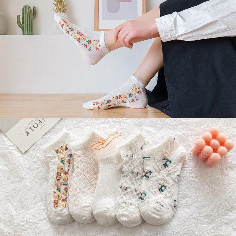 Women Socks 1 Pair Cute Pack Ankle Harajuku Lolita Kawaii Cotton Bohemia Style Girl Floral Invisible Flowers Designer