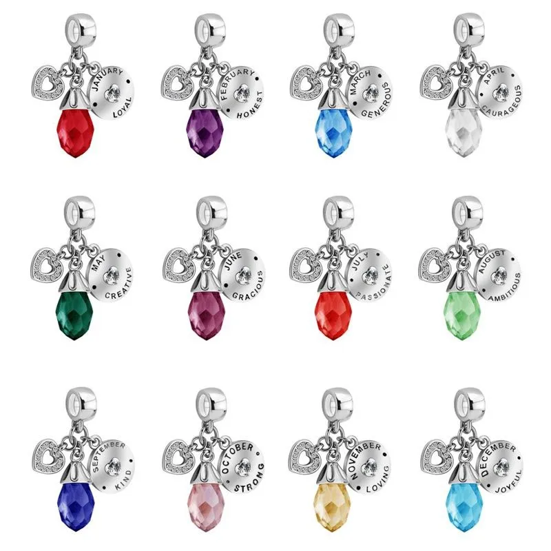 Ciondolo in argento placcato con ciondolo a forma di cuore, amore, compleanno, pietre portafortuna multicolori, perline adatte a braccialetti con ciondoli, accessori per gioielli fai da te