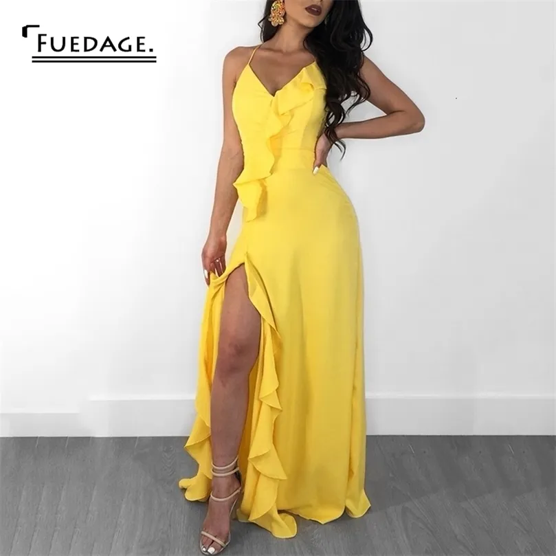 Fuedage Chiffon Summer Women Yellow Maxi Dress Sexig V Neck Backless Party Bodycon Dresses High Split Ruffles Long Dress Vestido MX200518