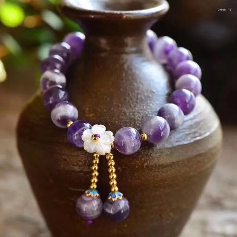 Strand Drop Natural Amethysts Energy Stone Bracelet Purple Charoite Shell Flower Bead Bangle Quartz Crystal Jewelry Love Gift