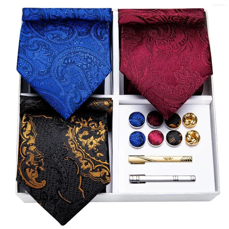 Bow Ties Present Box Pack 3st Fashion Men Red Black Blue Paisley Men's Business Wedding Slipsan Hanky ​​Cufflinks Dibangu