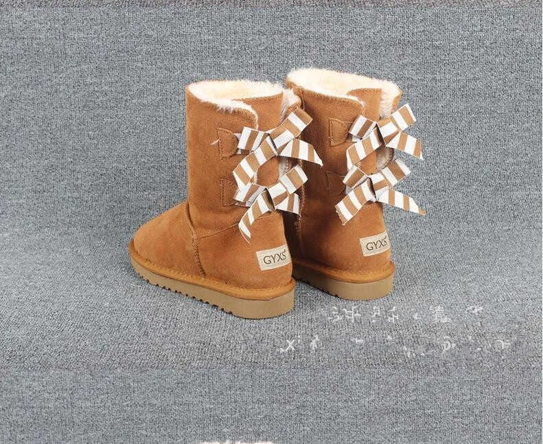 Estilo Venta caliente moda 3280 lazo de cinta tubo medio botas de nieve para mujer botas cálidas de piel de oveja transporte gratuito