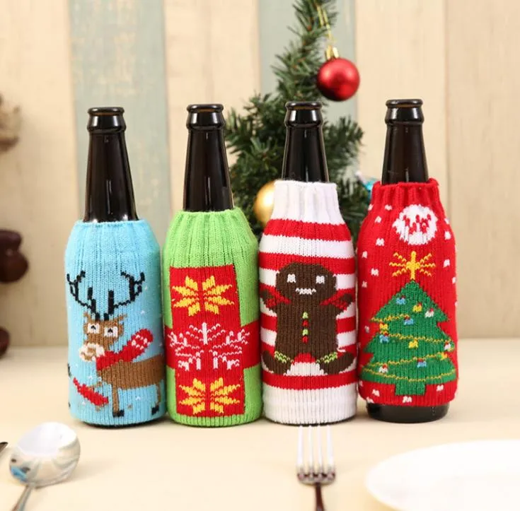 christmas knitted wine bottle cover party favor xmas beer wines bags santa snowman moose beers bottles covers SN4896