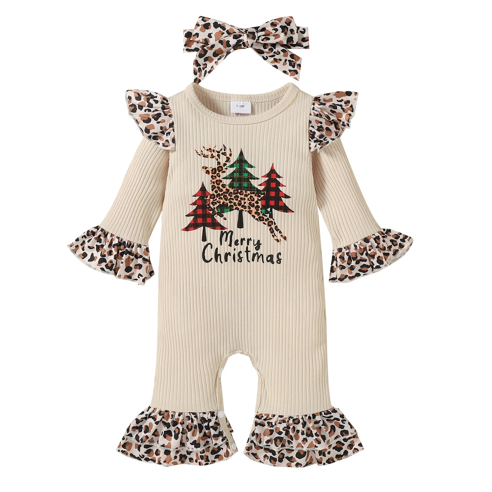 Pagliaccetti Citgeett Autunno Natale Infantile Neonate Ragazzi Stampa leopardata Abbigliamento Set Manica lunga svasata Tuta Fascia Abito natalizio 221018