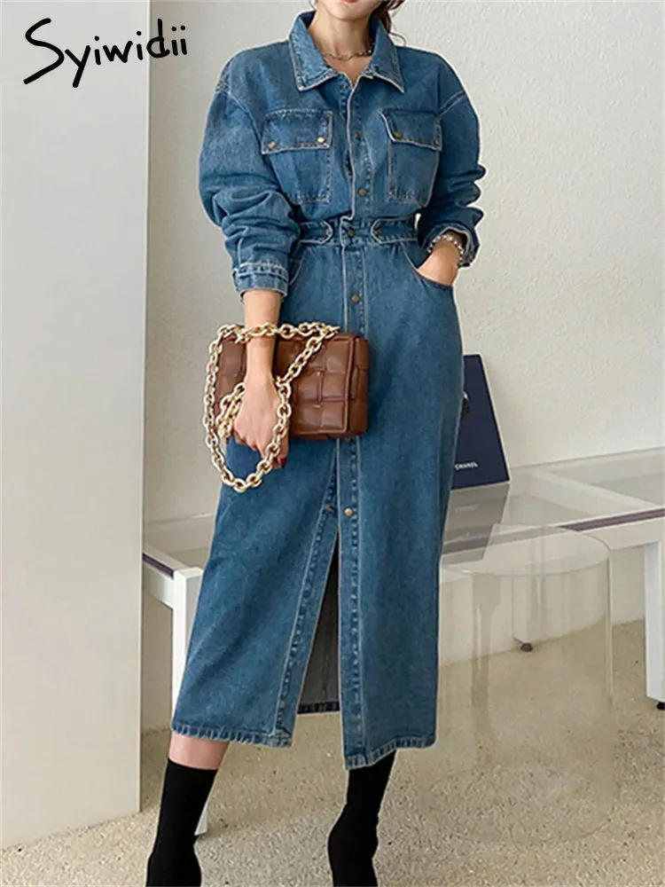 Robes décontractées Syiwidii Vintage Denim Robe pour femmes bouton de mode coréenne Long Jean élégant bureau MIDI 221018