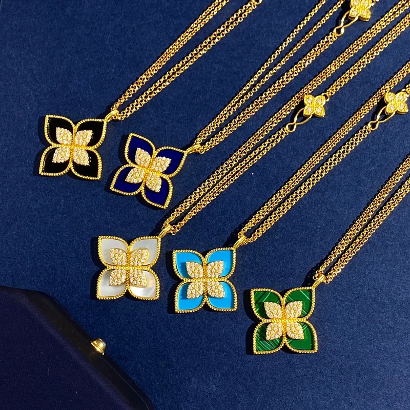 Luxury merk klaver ontwerper lange hangerse kettingen voor vrouwen 18k goud zoete 4 blad bloem dubbele rij elegante trui ketting met kristallen diamanten sieraden