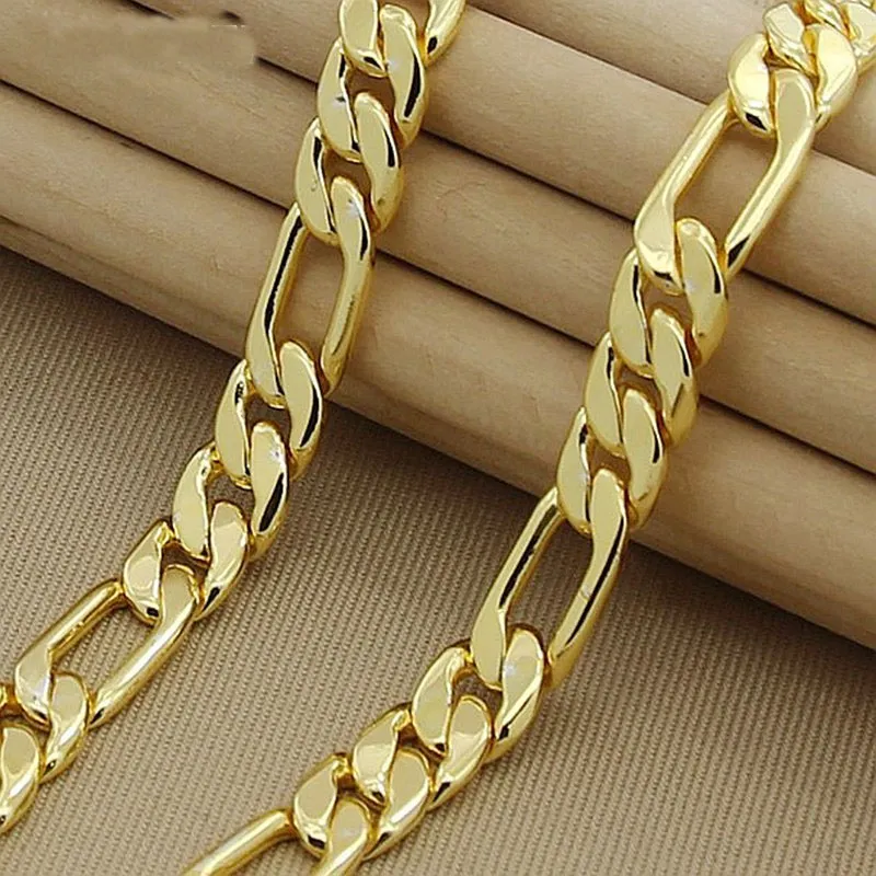 24K Solid Fine Gold Authentic Finish Figaro Chain Halsband Male Luxury Jewelry Men's 22 tum