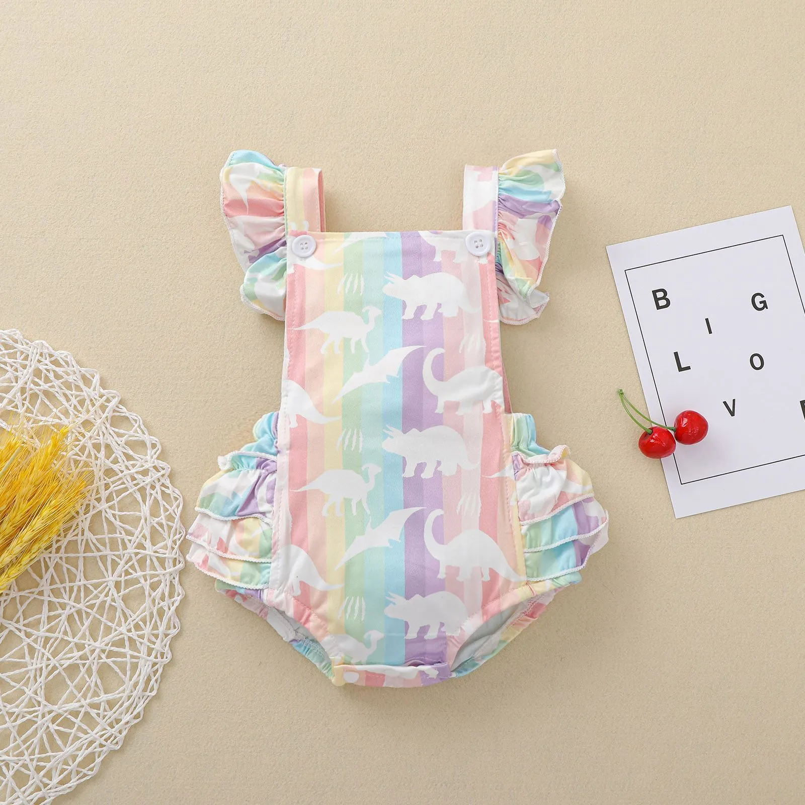 Rompers Citgeett Summer Infant Baby Girls Sweet Ruffles Fly Sleeve Romper Fashion Dinosaur Rainbow Stripe Backless Jumpsuits Clothes 221018