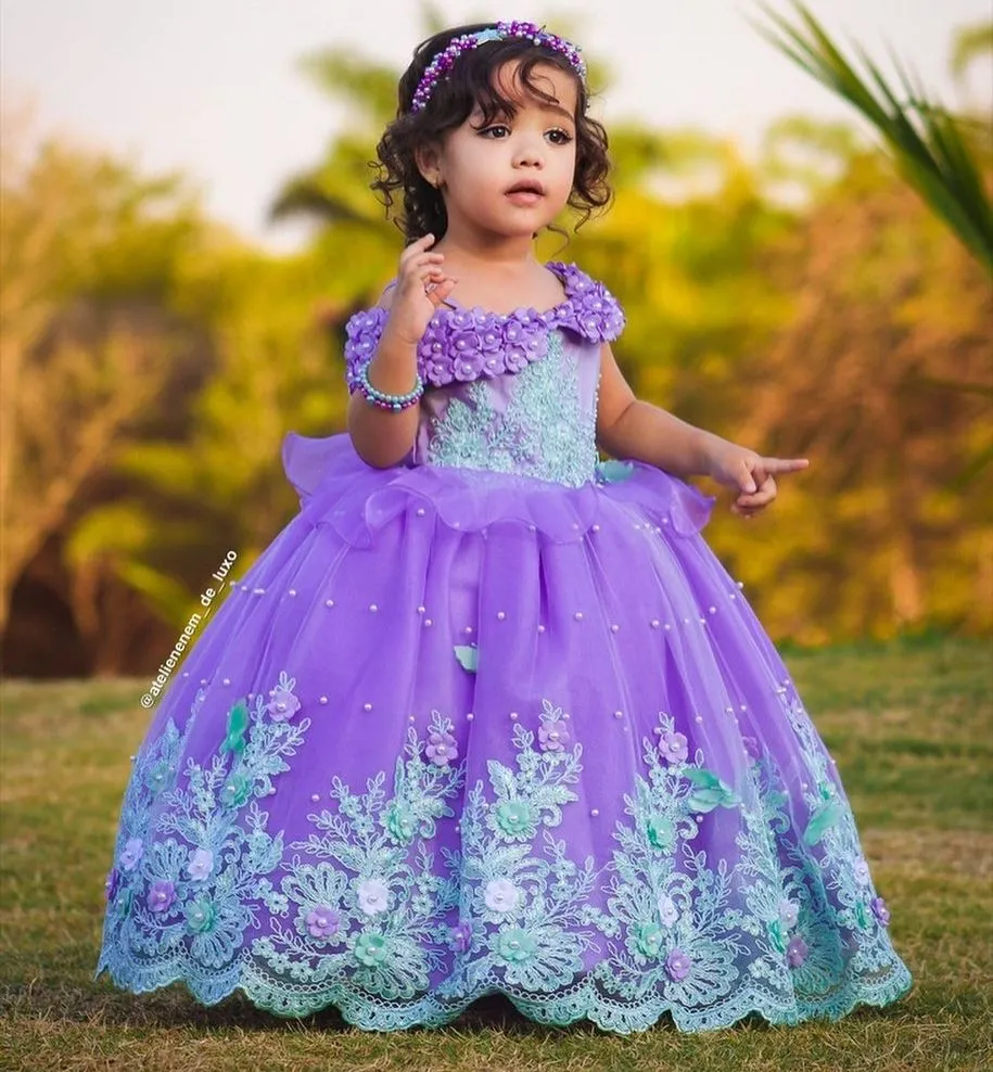 Light Purple Flower Girl Dresses For Weddings Pearls Litter Kids Pageant Gown Birthday Party Lavender First Communion Dress
