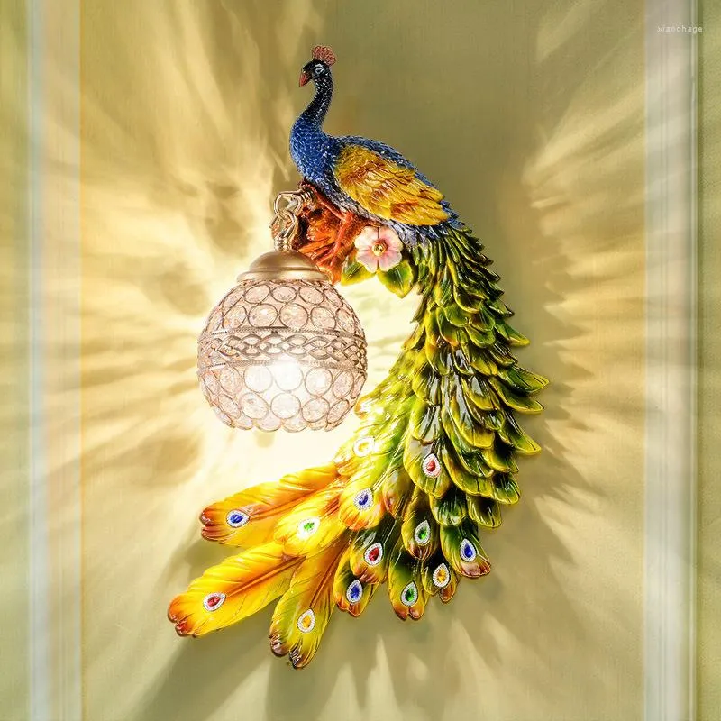 Wall Lamp LED Colorful Peacock Crystal Light Aisle Stairs Bedroom Creative Bedside Decoration