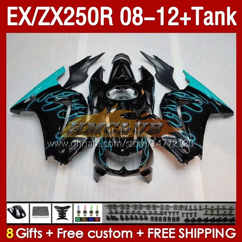 Tank OEM Fairings dla Kawasaki Ninja ZX-250 ZX250 EX250 R ZX250R 08 09 10 2012 2012 163NO.209 EX ZX 250R EX250R ZX-250R 2009 2000 2010 11 12 Wtrysle Fairing Cyan Płomieni