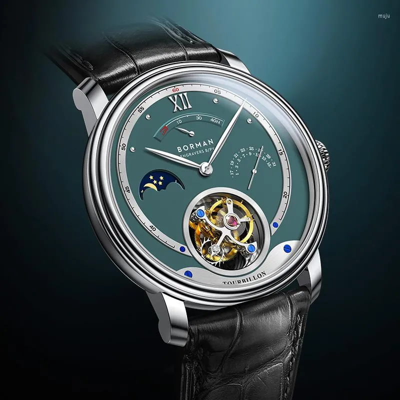 Wristwatches BORMAN Luxury Business Men Mechanical Watch Real Tourbillon Sapphire Glass Moon Phase Date Multifunctional Watches