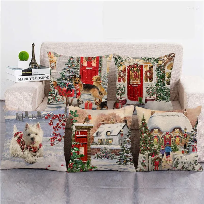 Pillow 45cm Merry Christmas Cute Dog Spring Bird Wreath Linen/Cotton Throw Covers Couch Cover Home Decor Pillowcase