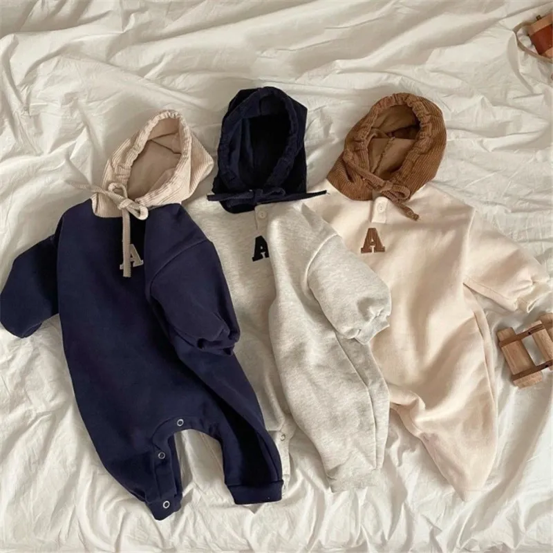 Strampler Frühling geboren Baby Mädchen Kleidung Kleinkind Kostüm Mit Kapuze Brief Stickerei Infant Jungen Overalls 221018