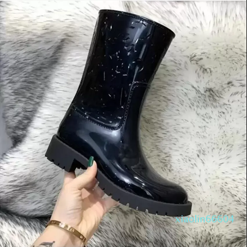 Botas altas bota de chuva Sapatos Welly Saltos altos PVC Burracha Beeled Plataforma at￩ o joelho preto ￠ prova d'￡gua de chuva ao ar livre Mulheres