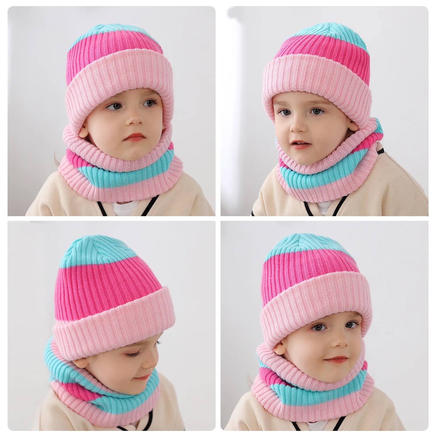 Bébé tricoté bonnets écharpe 2 pièces ensemble enfant en bas âge enfants hiver chaud chapeau mode fil épais bonnet de neige 0-8 ans enfants cache-cou Gorro noir gris beige bleu rayé couleur unie