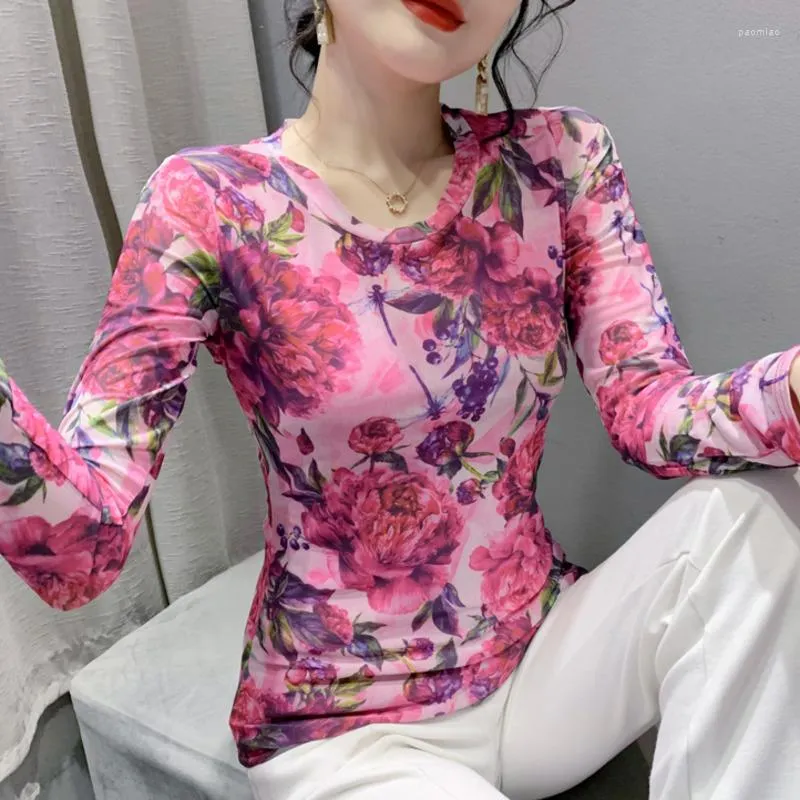 Women's T Shirts #7988 Flower Printed Mesh Shirt Women Vintage Sexy Tight Female Long Sleeve Retro T-shirt Femme Thin O-neck Autumn2022