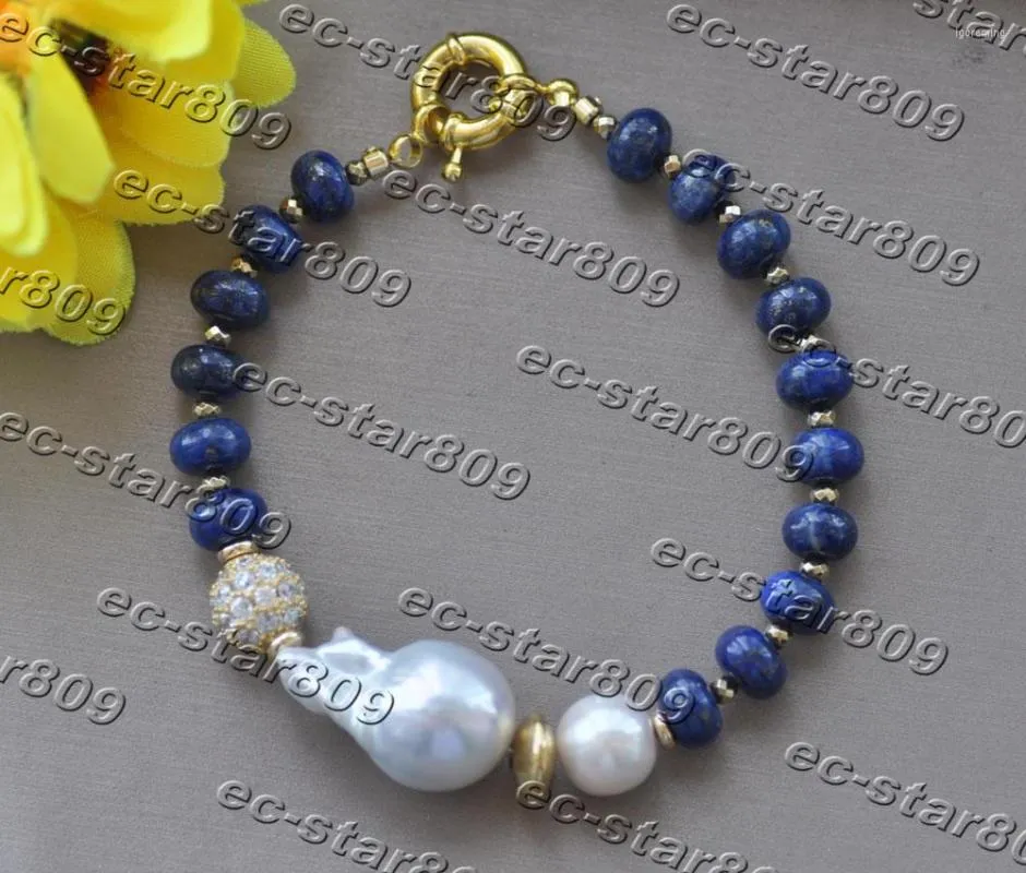 Link Bracelets Z11291 8" 25mm Rondelle Blue Lapis Lazuli White Baroque Keshi Pearl Bracelet Women Fasion Jewelry