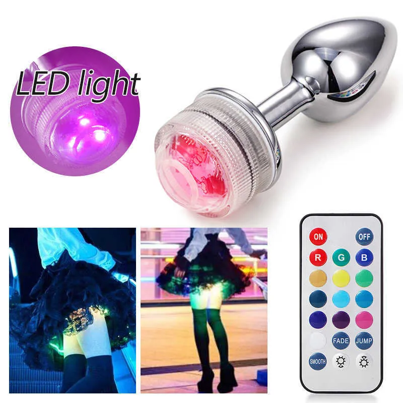 Beauty Items LED Shining Light Anal sexy Toys for Girl Women Ass Smooth Butt Plug Tail Metal Prostate Goods Remote Brightness Control BDSM