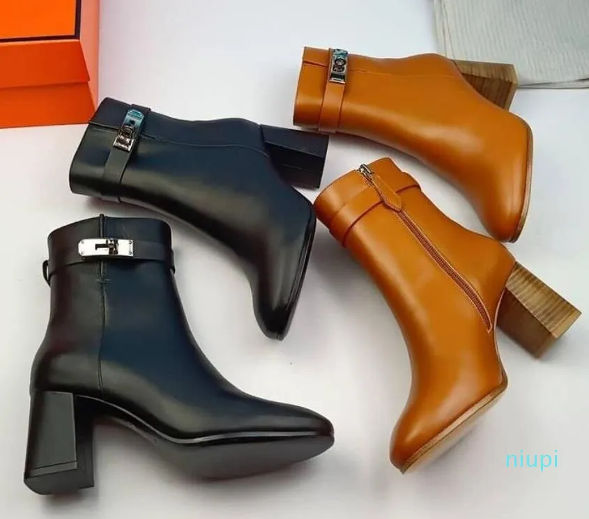 Designer-Damen-Stiefeletten-Booties-Schuh, elegante, berühmte Marken, klobige Absätze, Marken-Designer-Dame, Party, Hochzeit, Kampf, schwarzes braunes Leder mit Staubbeutel