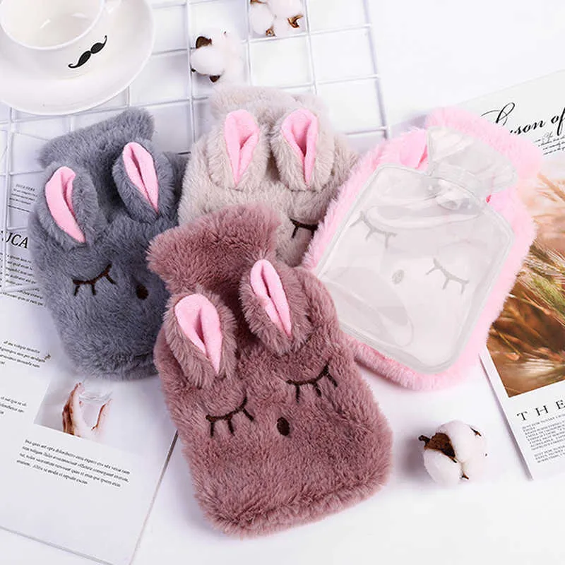 Decorative Objects Figurines Reusable Winter Warm Heat Hand Warmer PVC Stress Pain Relief Therapy Hot Water Bottle Bag with Knitted Soft Rabbit Cozy Cover Y2210