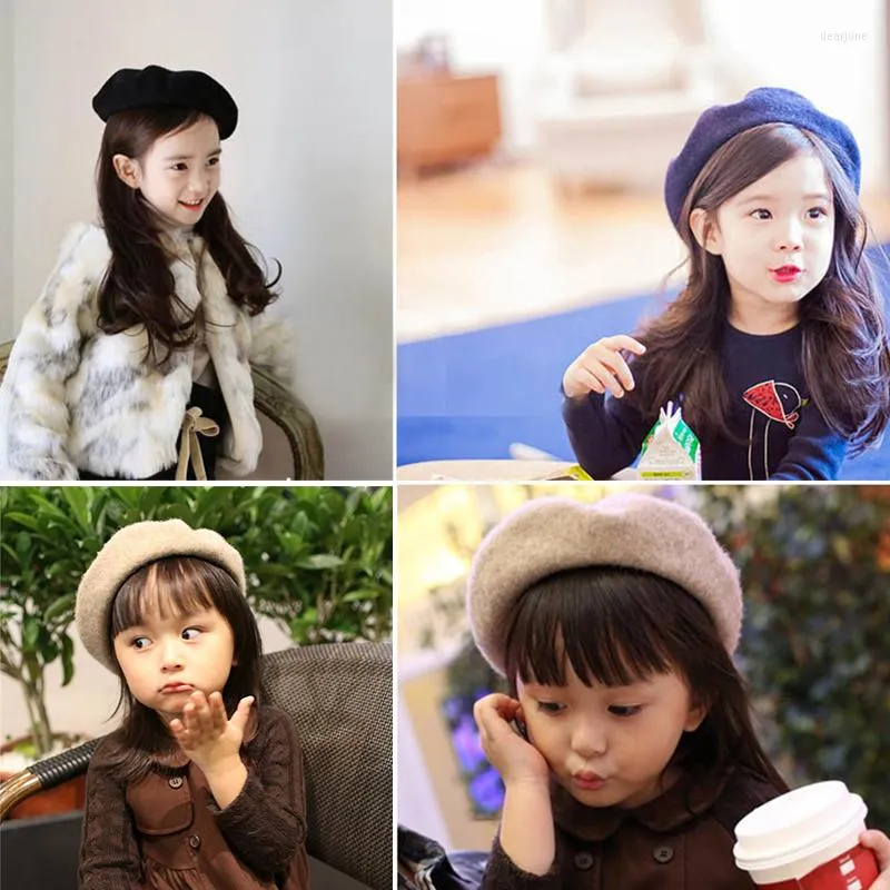 Sombreros Bebé Niños Boina Beanie Niñas Lana Cálido Sombrero de invierno Niño Retro Vintage Color sólido Elegante Decoración Gorras