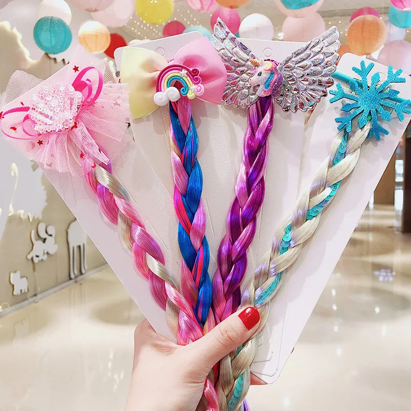 Accesorios para el cabello para niñas Unicornio Dibujos animados Banda para el cabello Anillos Trenzas coloridas Peluca Lentejuelas Brillo Trenza Pelucas Cola de caballo Titular Círculos Cosplay Princesa 2517 E3