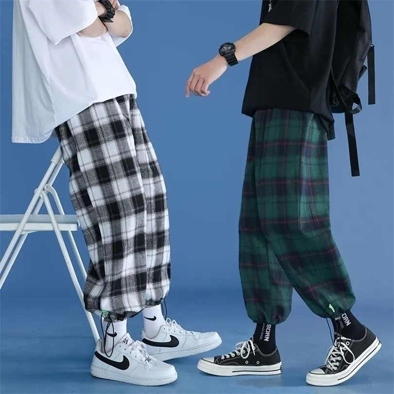 Koreaanse mode -unisex Allmatch trendy flanel brede broek losse streetwear joggers Harajuku plaid broek voor mannen 18 220706