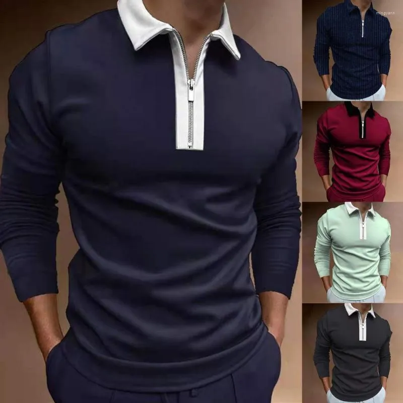 Men's T Shirts Shirt Color Block Patchwork Stretchy Turndown Collar T-shirt For Autumn Winter Long Sleeve Casual Oversized