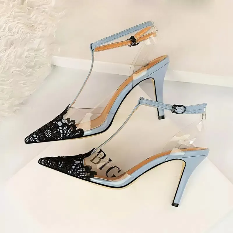 Dress Shoes High Heels Sandals Pvc Pumps Summer Women 8.5Cm Lace Red T-Strap Female Fetish Blue Lady Valentine Transparent