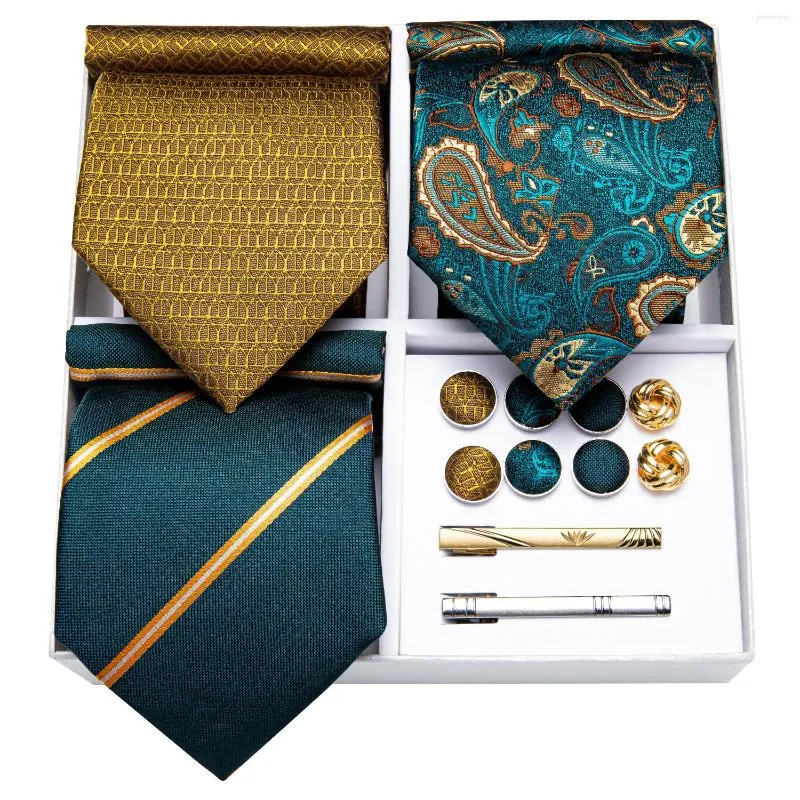 Bow Ties Fashion Teal Green Gold Paisley Striped 3 Pack Erkekler İpek İş Düğün Tie Hanky ​​Saplama Set Hediye Dibangu