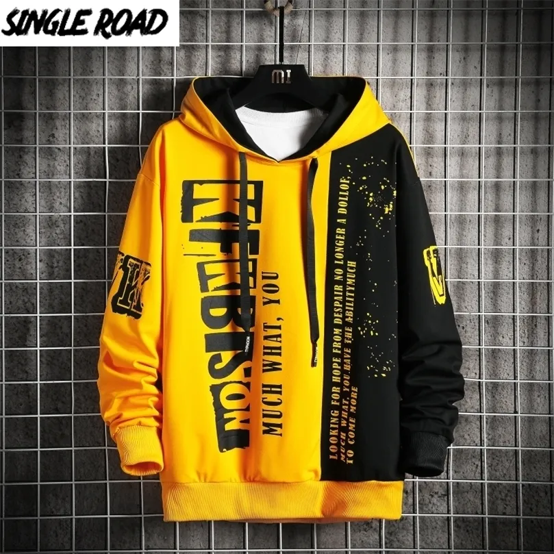 Singleroad Erkek Hoodies Erkekler Sonbahar Sarı Patchwork Büyük boy Harajuku Hip Hop Japon Sokak Giyim Sweatshirt Hoodie Erkekler 201116