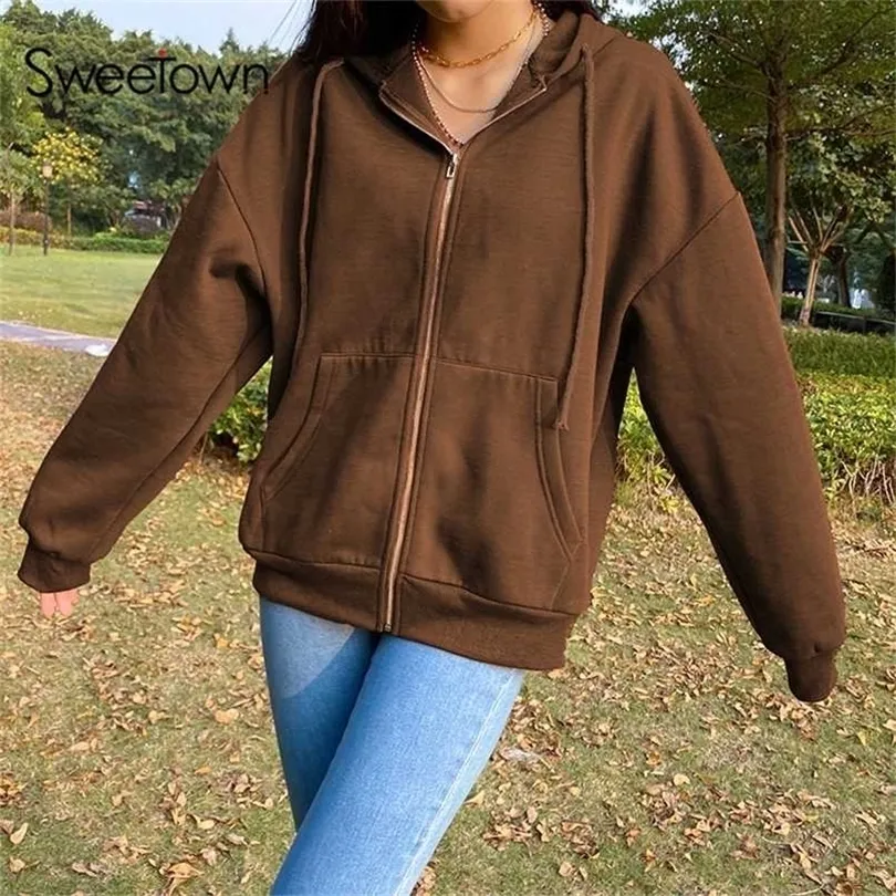 Sweetown Brown Aesthetic Hoodies Women Vintage Zip Up Sweatshirt Winter Jacket Clothes Pockets Long Sleeve Hooded Pullovers 211028