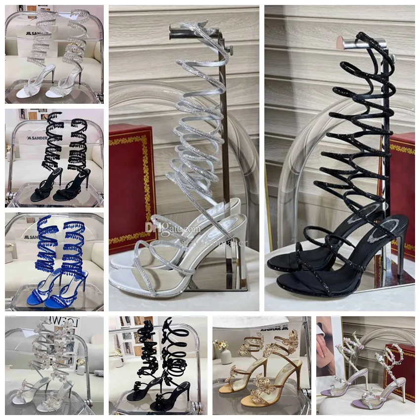 Ljuskrona Kristaller Honung Sandal orm snodd elegant Sandal stilett Högklackat RENE CAOVILLA kristall Guld strass klänning skor Silver sulor kvinnor sommar Pumps