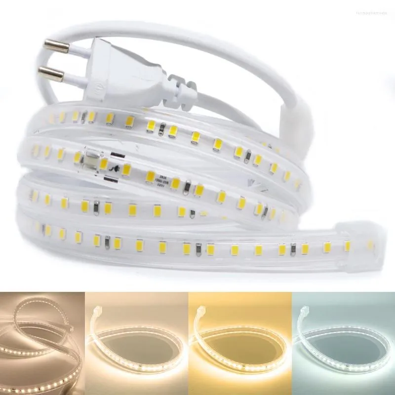 Strips IP67 مقاوم للماء 220 فولت شريط LED SMD 2835 120leds/M أبيض/دافئ/طبيعية شريط مرن أبيض مع سدادات الاتحاد الأوروبي سهلة التثبيت 1M-100M