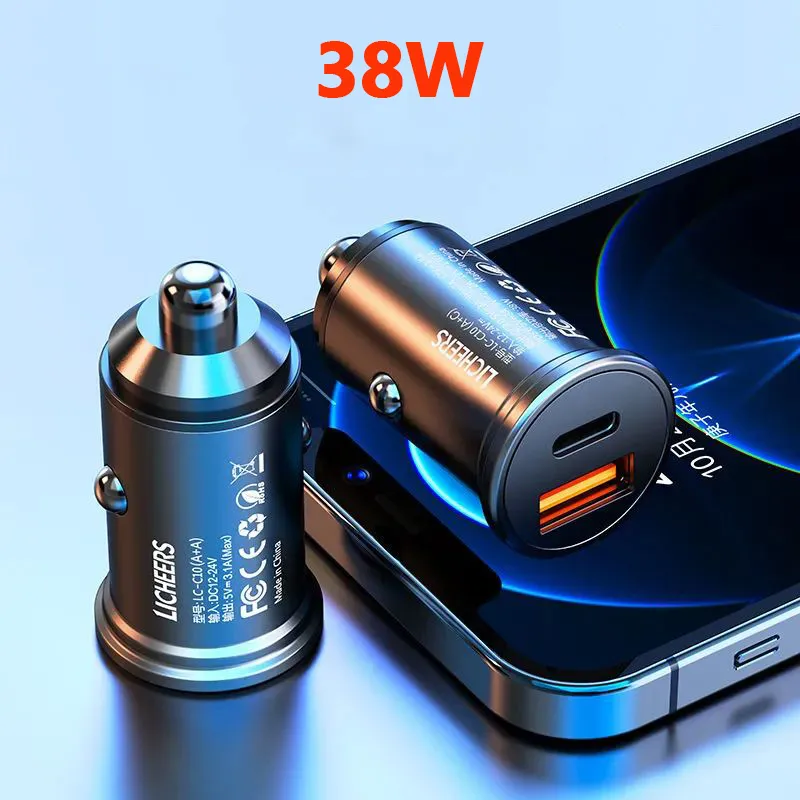 38W USB En billaddare Snabb QC3.0 QC SCP 3A PD Typ C Fast Charger för iPhone Xiaomi Mobiltelefon