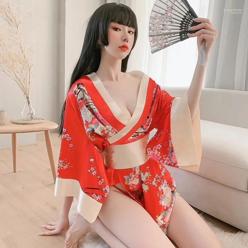 Etnische kleding anime cosplay kostuums Japanse kimono harajuku verleiding pyjama diep v print uniform karakteristiek erotische porno -outfit