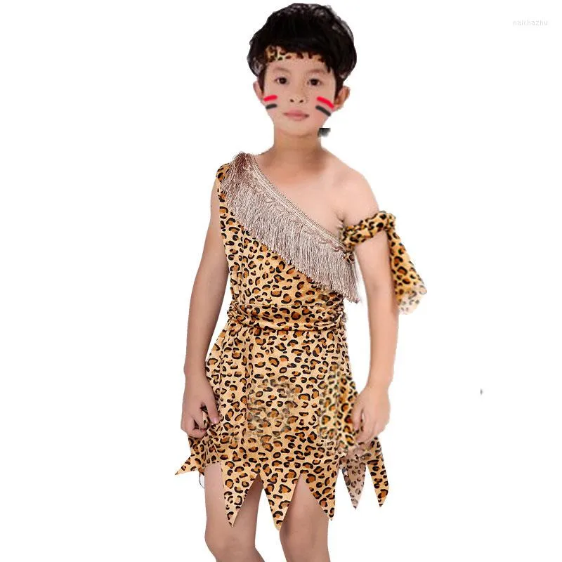 Стадия ношения детских мальчиков Savage Caveman Costumes Leopard African Tribal Clothing для девочек -спектакля косплей платье